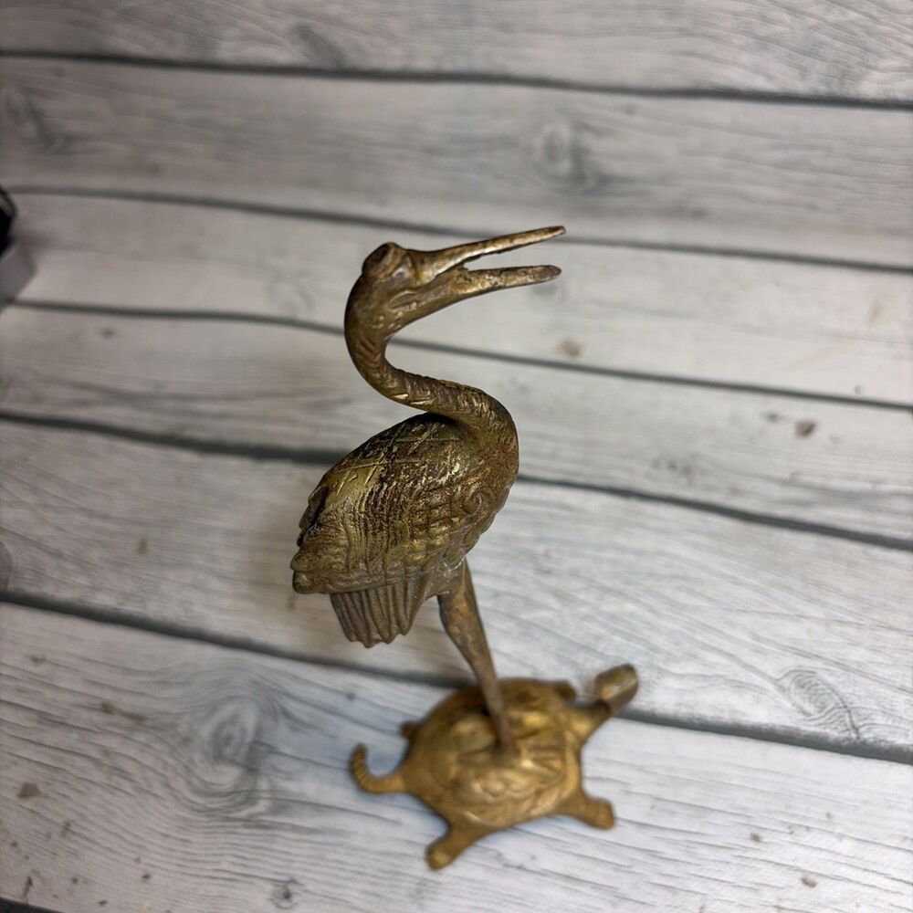 Vintage EXQUISITELY HAND CARVED Solid Brass Crane Standing On Turtle Figurine 8” - Picture 5 of 5
